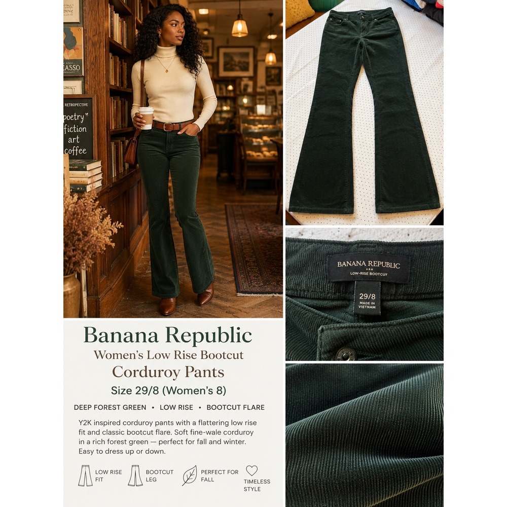 Banana Republic Womens 29/8 Green Corduroy Low Rise Bootcut Flare Pants Y2K